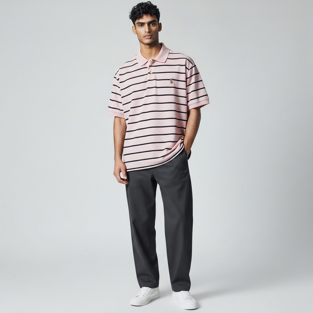 Polo by Ralph Lauren Pink and Black Striped Casual Button Down Polo Shirt